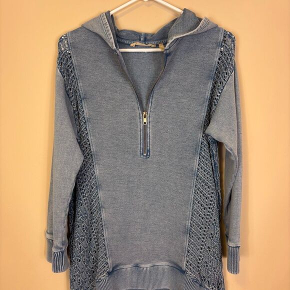 Soft Surroundings Blue Knit Side Hooded Quarter Zip Hooded Pullover Small - Picture 3 of 7
